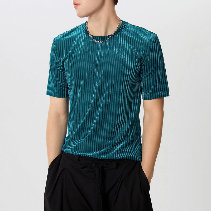 (image for) INCERUN Men T-Shirts Fashion Solid Color Skinny Elastic Top Tee Casual Summer Round Neck Short Sleeve Mens Clothing