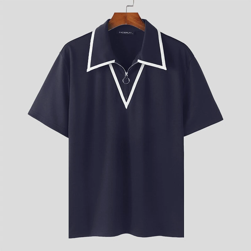 (image for) INCERUN Mens Fashion Design Spliced Collar Shirt Comfortable Fabric Short Sleeve Zipper Lapel Top for Male S-5XL