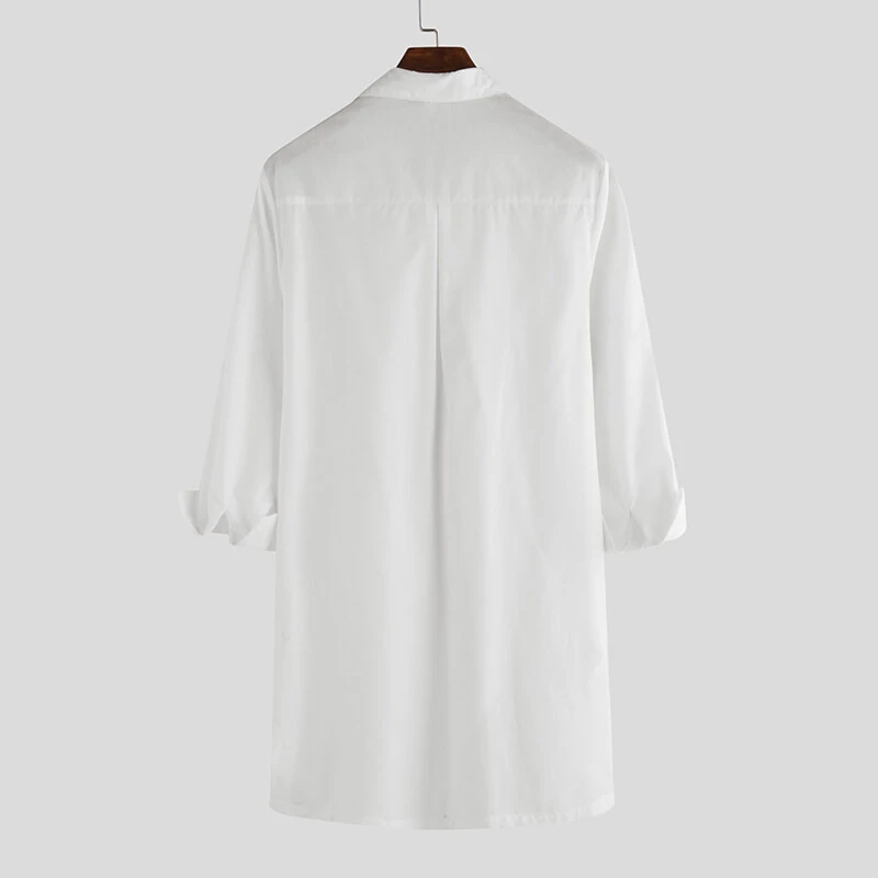 (image for) Men Solid Color Asymmetric Hem Long Sleeve Lapel Collar Shirt