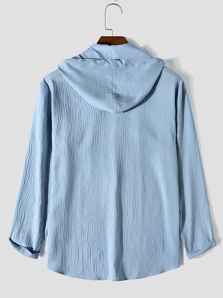 (image for) Mens Solid Button Up Long Sleeve Drawstring Hooded Shirts