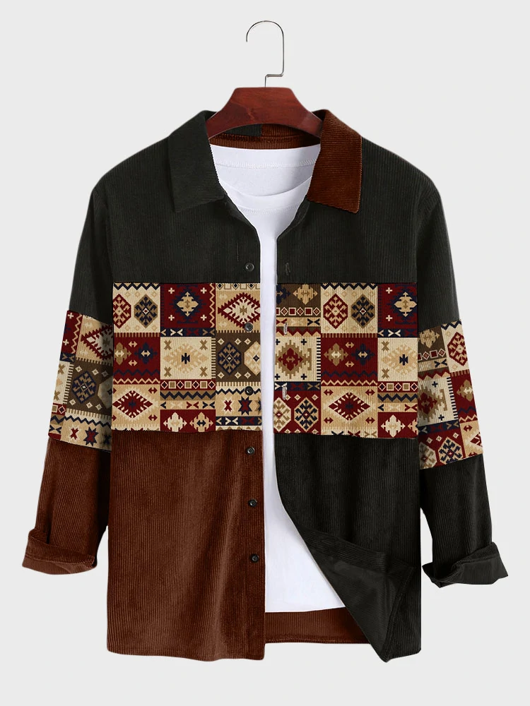 (image for) Mens Vintage Argyle Pattern Patchwork Ethnic Corduroy Long Sleeve Shirts