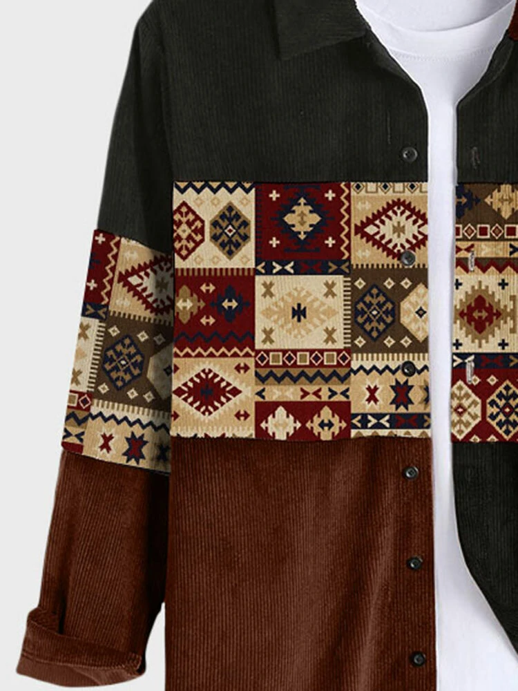 (image for) Mens Vintage Argyle Pattern Patchwork Ethnic Corduroy Long Sleeve Shirts